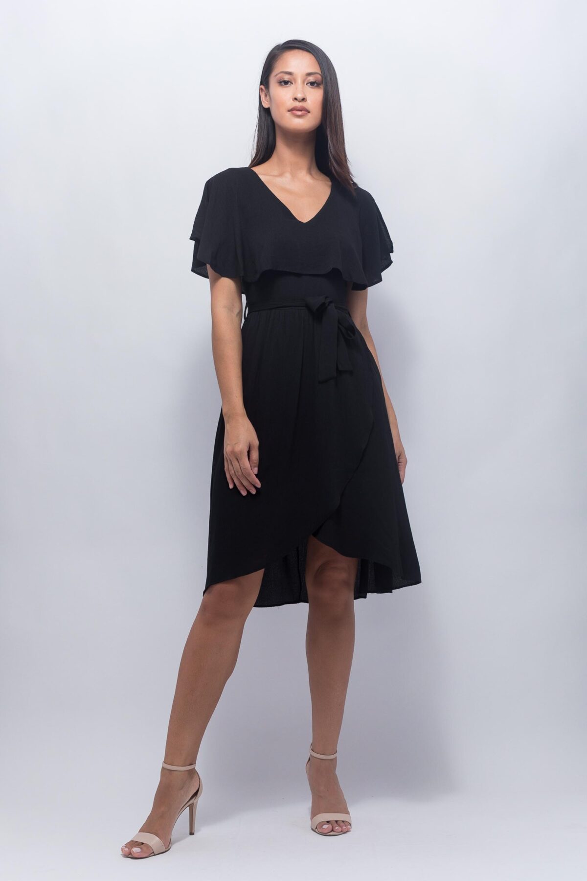 Black tie waist asymmetrical dress - BOUTIQNA